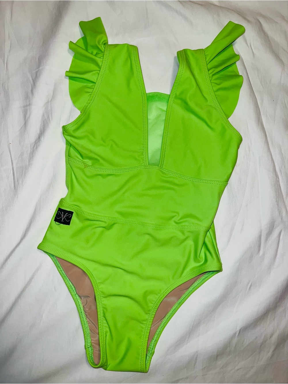 Neon Green Ruffle-Shoulder Dance Leotard for Kids